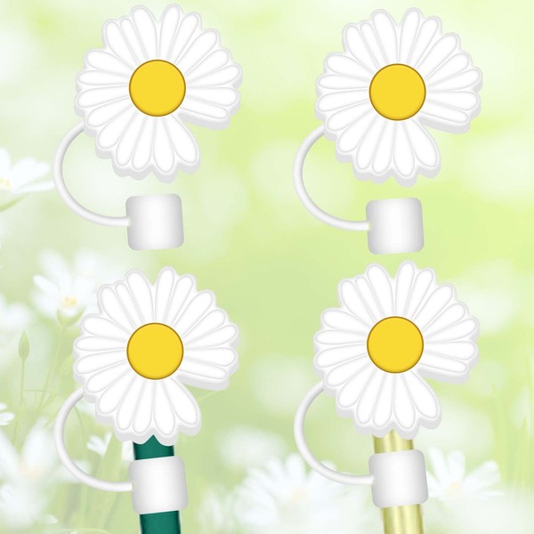 Vodolo 4Pcs Daisy Straw Covers Cap- Silicone Straw Tip Cap