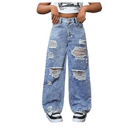 OYOANGLE Girl's High Rise Streetwear Ripped Baggy Jeans Wide Leg Casual Distressed Denim Pants Medium Wash 10Y
