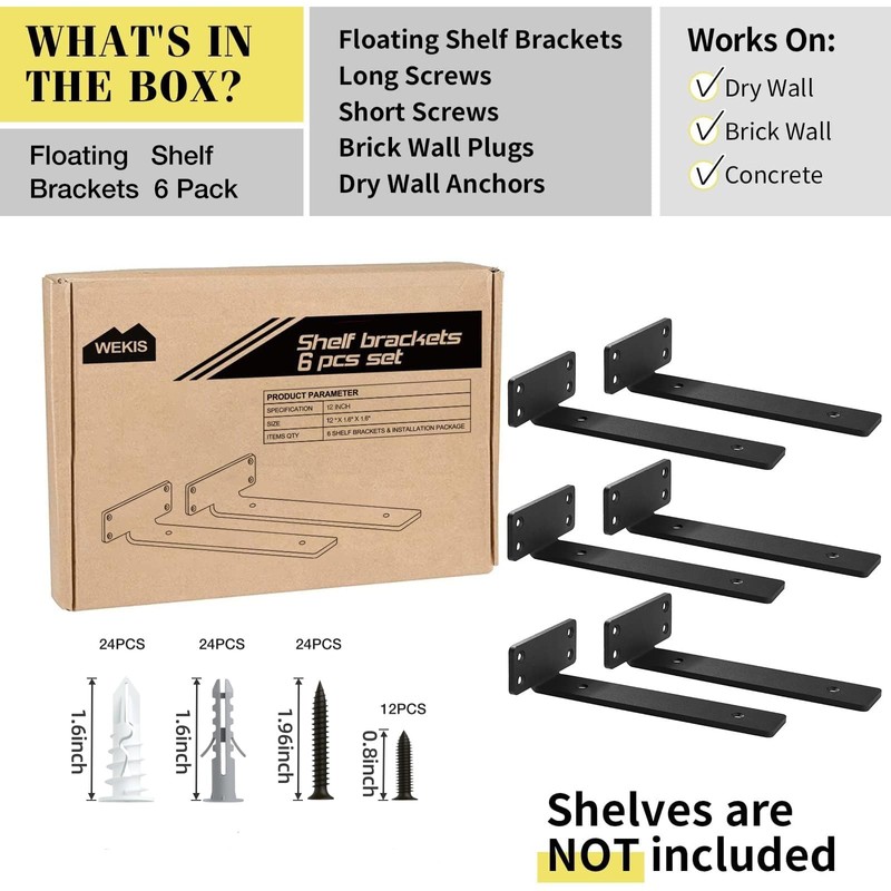 Shelf Brackets Floating Shlef Brackets 12-Inch 6-Packs, 1/5-Inch Thick Heavy