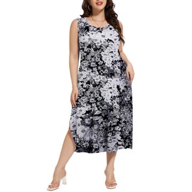 LARACE Plus Size Maxi Dresses for Curvy Women Summer Sleeveless Casual 2025 Long Dress L-5XL(Black White Floral,3X)