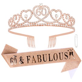 CURASA Rose Gold 60th Birthday Sash and Crown Adult Women Rhinestone Birthday Tiara Rose Gold 60 & Fabulous Sash Decoration for Party Gifts