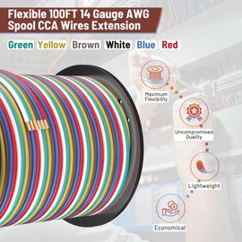 LIMICAR 100-Foot 6-Way Trailer Wiring Harness, 14 Gauge CCA Light Wire Kit for Boats (Red, Blue, Green, Yellow, Brown, White)