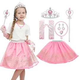 SPUNICOS - Juego de accesorios para disfraz de princesa Aurora para niña, incluye tutú, guantes, varita, tiara, collar, aretes y anillo