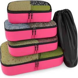 Travel Mesh 5 Set Packing Cube Organizers With Laundry Bag (Pink Full-Mesh)