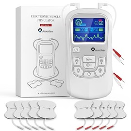 Auxoliev TENS Device Pain Therapy, 2 Channels EMS Device, 25 Modes and 50 Intensity Levels, Stimulation Current Devices Against Pain with 10 Electrode Pads (Silver)