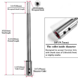 ASNOMY 10 Inch Extra Long Forstner Bit Extension for Adding Over 8-3/4 inches of Drilling Depth to Your 3/8" Round or Hex Shafts Forstner Bit
