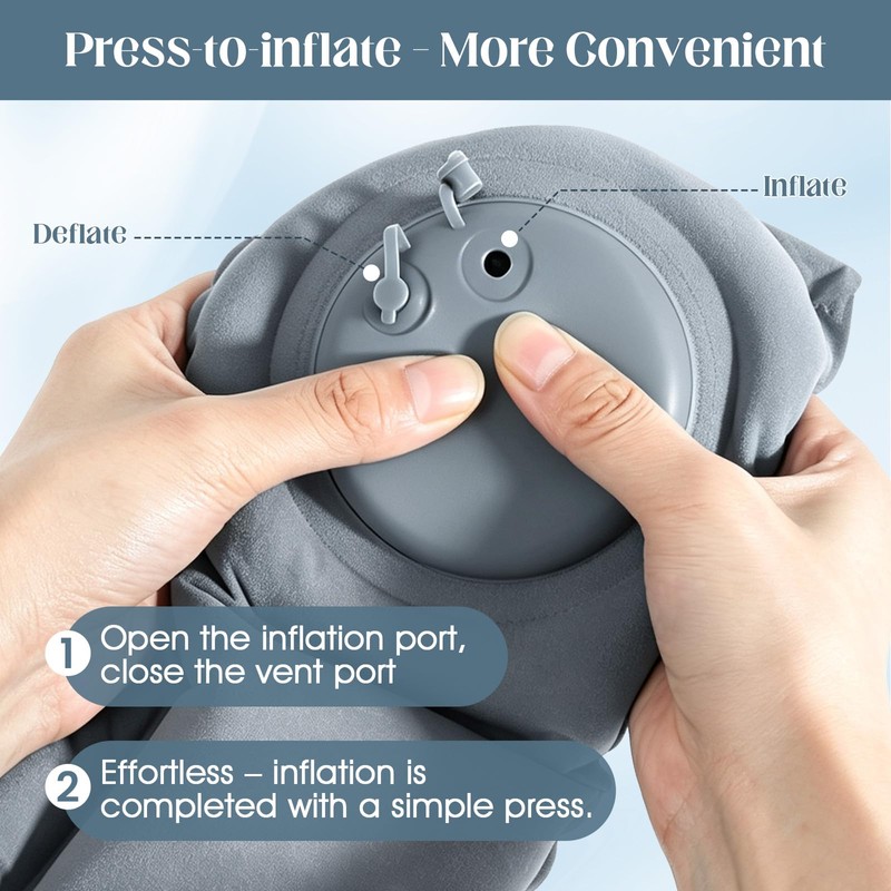 Inflatable Neck Pillow, U-Shaped Travel Pillow with Adjustable Snap Grey