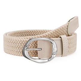 JASGOOD Braided Elastic Belt for Women Stretchy Woven Golf Belt Casual Web Belt for Jeans Pants with Silver Buckle, Beige, Fit Waist Size 26inch-31inch