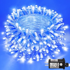250 LED Blue White Christmas Lights Outdoor, 82ft Clear Wire Christmas Tree Lights 8 Modes, Plug in Waterproof Twinkle Fairy Lights for Indoor Christmas Bedroom Tree Decorations