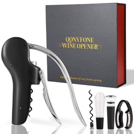QONYFONE Wine Bottle Corkscrew Opener, Vertical Lever Corkscrew 5-Piece Set, Manual Vertical Design, Includes Wine Foil Cutter, Extra Spiral, Wine Pourer and Wine Stopper, Elegant Gift Box, Black