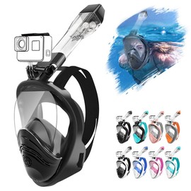 HINATAA Diving Mask, Snorkel Mask, 180° Anti-Fog Leak-Proof Snorkel Set, Cameras Compatible Diving Goggles, Double Floating Ball Full Face Snorkeling Mask Adults Children (S/M, Black)