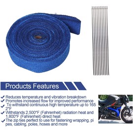 VOWAGH 2" x 50' Exhaust Heat Wrap Roll for Motorcycle Fiberglass Heat Shield Tape with Stainless Ties (Blue)