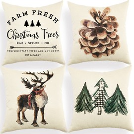 Ogiselestyle Merry Christmas Tree Pine Cones Reindeer Throw Pillow Cover, 18 x 18 Inch Farmhouse Xmas Winter Holiday Cushion Case Decoration for Sofa Couch Set of 4
