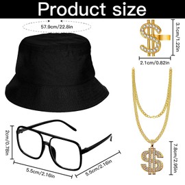 Itian 4-Piece Hip Hop Costume Set, 80s/90s Outfit, Men's Hip Hop Costume Accessory with Dollar Sign Pendant, Necklace, Ring Set, Metal Chain, Collar, Bracelet, Sunglasses for Men and Women