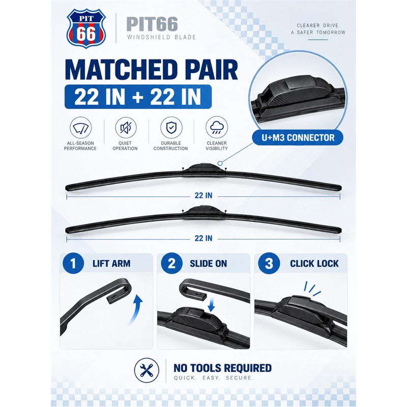 Windshield Wiper Blades, 22"+22", Stable, Quiet, All Season 2 Pack