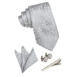 Back Under Necktie, 4 Piece Chief Set, Wedding, Silver, Men's Necktie Set, Gray, Necktie, Pocket Square, Cuffs, Buttons, Gift Box Included, floral