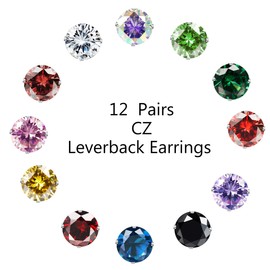 JOERICA 12 Pairs Leverback Dangle Earrings Set for Women Gold Plated CZ Stainless Steel Earrings 10MM Multicolor Cubic Zirconia Drop Earrings