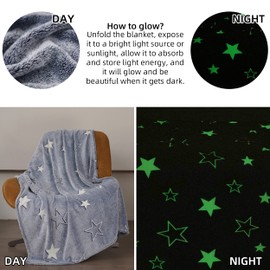 Winthome Cuddly blanket, glow in the dark blanket, children's blanket, glow in the dark, plush blanket, soft microfibre flannel blanket, little stars baby blanket, gift for children, 120 x 150 cm, grey
