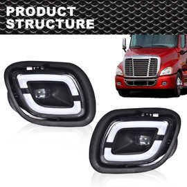 CNNELL LED Fog Lights Compatible with Freightliner Cascadia 2008 2009 2010 2011 2012 2013 2014 2015 2016 2017 Driver and Passenger Side LED Fog Lamps White Light Clear Lens Black Housing