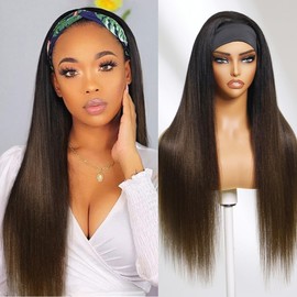 YIROO Headband Human Hair Wig Ombre Brown Yaki Straight Glueless Put on and Go Wigs with Dark Roots Drawstring Chestnut Brown 12A Highlight No Lace No Glue 30S Ready to Wear Headband Wigs 26Inch