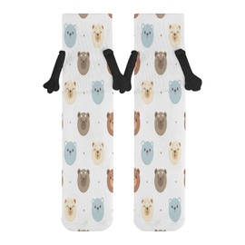 1 Pair Soft Socks Black Holding Hands, Compression Knee High Stockings Long Athletic Circulation 16x3.9 in Print Seamless White, Blue and Brown Bear Heads with Polka Dots on White