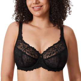 DELIMIRA Women's Plus Size Minimizer Bras Full Coverage Lace Unlined Underwire Bra B-K Cups Black 38H