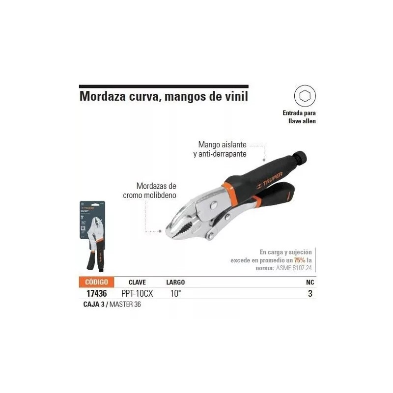 Truper Pinza Presión 10', Mordaza Curva, Mango Vinil Truper 17436