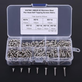 Screws, Pack of 500 M3 Stainless Steel 304 / Carbon Steel Screws Cross Drive Button Head Self-Tapping Screws Kits with Box (304 Stainless Steel)