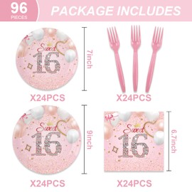 96Pcs Sweet 16 Birthday Party Decorations Plates Desserts Plates Napkins Forks Pink Party Supplies for Girls Serve 16 Guests