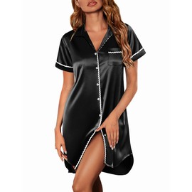 Ekouaer Satin Nightgowns for Women Button Down Nightshirts Silk Sleepshirts Short Sleeve Boyfriend Sleepwear Black X-Large