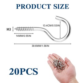 Batheidon Pack of 20 stainless steel screw hooks, rust-proof hooks for screwing into wood and walls, M3 threaded hooks, 40 mm ceiling hooks, practical hanging hooks for indoor and outdoor use