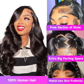 UltraFlower Body Wave Lace Front Wigs Human Hair Pre Plucked 200 Density Glueless 13x6 HD Transparent Lace Frontal Wigs Body Wave Wigs for Women Natural Hairline 18 Inch Human Hair Wig Natural Black