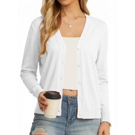 GRECERELLE Womens White Lightweight Long Sleeve Cardigan Casual Button Down V-Neck Open Front Knit Sweater, XL