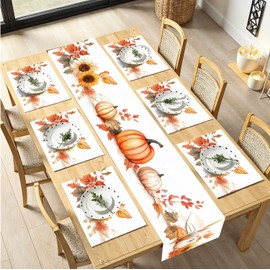 7-Piece Fall Table Runner & Placemat Set – Elegant Watercolor Pumpkin & Sunflower Design – Autumn Harvest Style Table Decor for Kitchen & Dining Room
