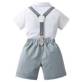 amokk Toddler Formal Wear Suspender Outfit Suit for Boy Short Sleeves Shirt with Bowtie and Suspender Summer Clothing Set (Green, 12-24 M)