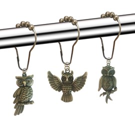 Cute Owl Shower Curtain Hooks - Bronze Shower Curtain Rings Rust Proof Shower Hooks for Shower Curtain Hangers Decorative Shower Curtain Hooks Mountain Countryside Farm Theme Bathroom Decor