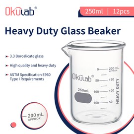 Okulab Heavy Duty Glass Beaker Set, Thick-Walled 3.3 Borosilicate Glass Beakers, with Double Scale Printed Graduation, 12pcs of Vol.250ml, HBKG250C12