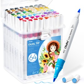 Ohuhu Markers for Adult Coloring Books No Bleeding 64 Colors Water-based Coloring Markers Dual Tips Drawing Pens for Kids Adults Beginners Lettering Journaling (Brush & Fine)