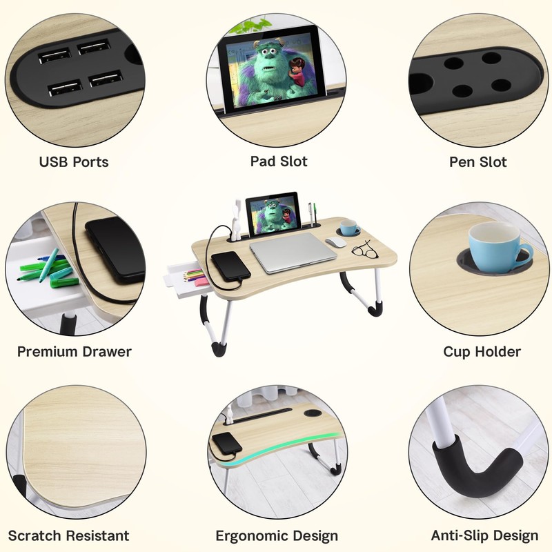 Slendor Lap Desk with Tablet Slot, Foldable Laptop Table with