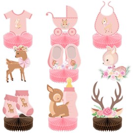 Leinuosen 9 Pcs Pink Baby Shower Decorations Honeycomb Centerpieces for Girls Pink Deer Theme Baby Honeycomb Centerpieces for Girl Gender Reveal Party Baby Pregnancy Announcement Table Topper Decor