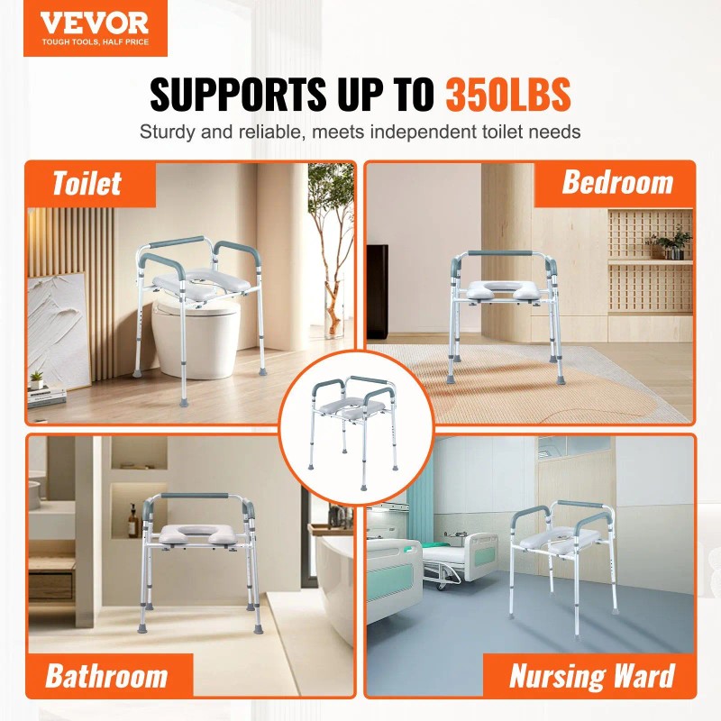 Adjustable Height Commode Chair With Removable Bucket Padded Seat Arms