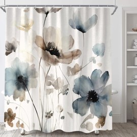Sanzugh Boho Floral Shower Curtain, Cream Tan Beige Blue Grey White Watercolor Flower Fabric Shower Curtains Set for Bathroom Decoration with Hooks 60 X 72 inch Cute Farmhouse Bath Decor