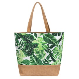 crazy bean Large Beach Bag Prints with Zip Shopper Bag Women's Tote Bag Travel Shopping Everyday, Green Leaves