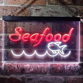 Seafood Fish Restaurant Dual Color LED Neon Sign White & Red 12" x 8.5" st6s32-i0070-wr