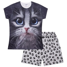 Girls Cat Blue Eyes Short Pyjamas Paw Print (11-12 Years)