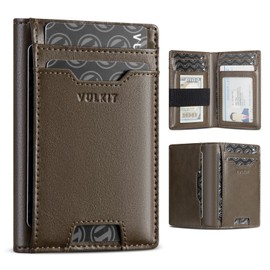 VULKIT Credit Card Holder RFID Blocking Slim Leather Front Pocket Mens Wallet Bank Card Holder Quick Access with 10 Slot and Money Band for Bills or Receipt, Palm-Size Wallet