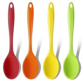 GEEKHOM Silicone Cooking Spoons, 4 Pieces 11" Heat Resistant Silicone Kitchen Utensils Set Large Serving Stirring Spoons for Non Stick Cooking, Mixing, Basting, Baking, Red+Green+Yellow+Orange