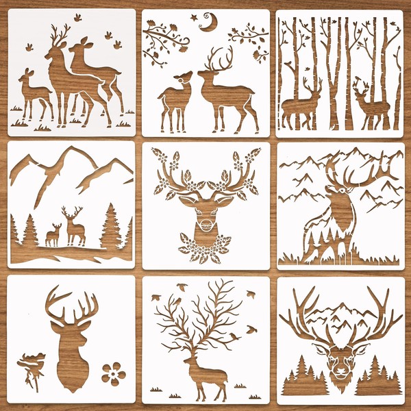 ASTER 9 Pieces Forest Deer Stencils Wood Burning Stencils 11 Inches Reusable Animal Pattern Stencil Forest Theme DIY Drawing Spraying Painting Stencils for Painting on Wood Wall Canvas Home Decors