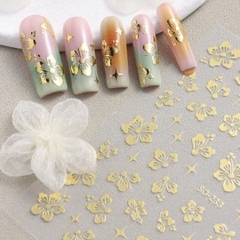 Gold Nail Art Stickers Decals Moon Star Flower Fruits Line Nail Self-Adhesive Sticker Designs 3D Golden Nail Transfer Decals Supplies for Women Girls Manicure Charm Decorations DIY Nail Decal
