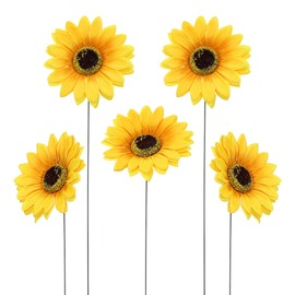 VILLCASE Sunflower Garden Stakes, Flower Yard Art Decor Outdoor Flower Stick, Silk Cloth Sunflowers with Metal Stake for Outside Pathway Patio Yard Lawn Decor, 5pcs